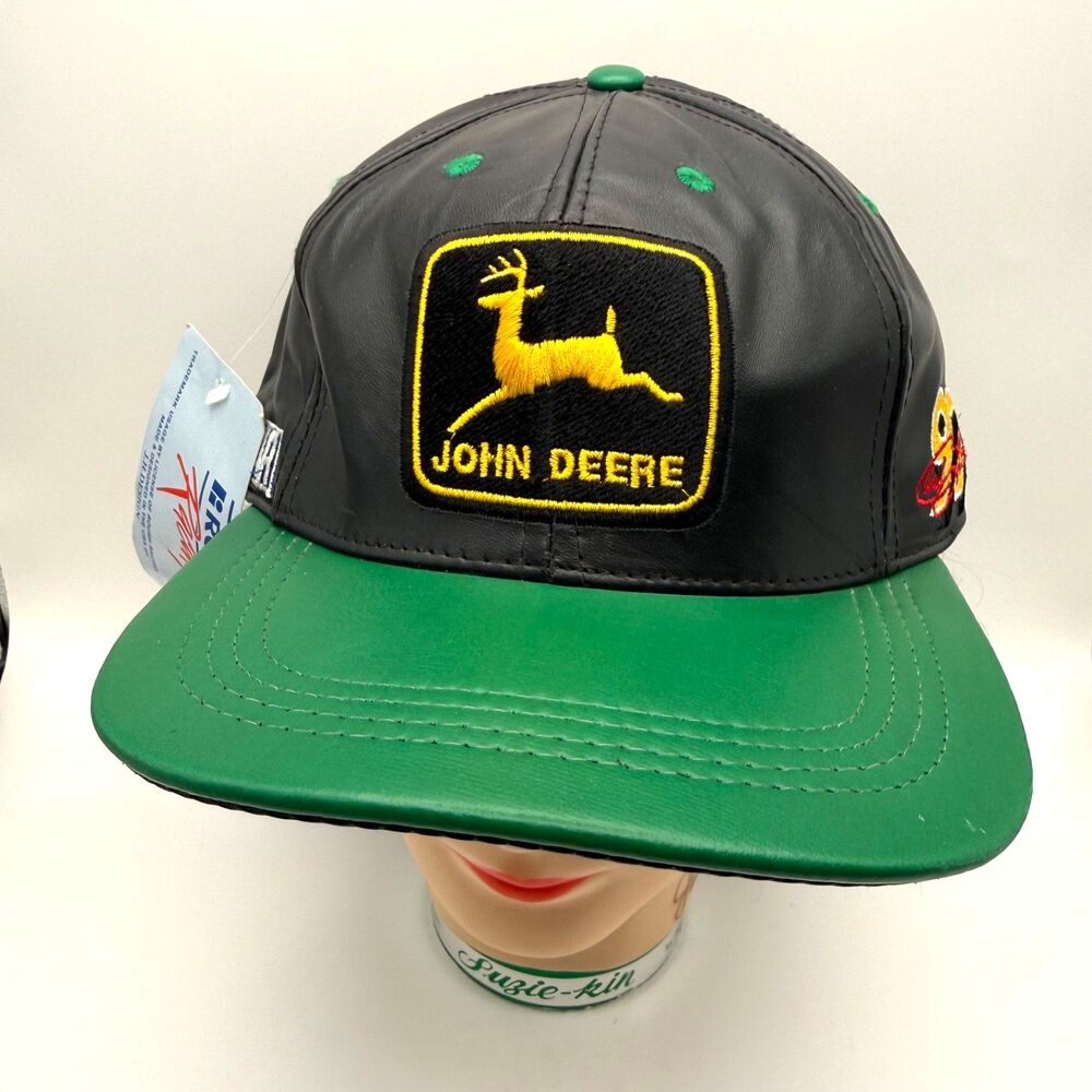 Vtg 90s John Deere Roush Racing NASCAR Hat #97 Chad Little Leather Strapback Cap